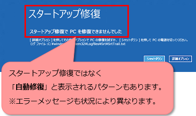 自動修復、スタートアップ修復エラー画面